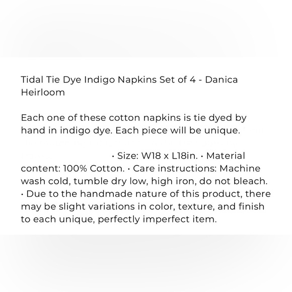 Tidal Tie Dye Indigo Napkins Set of 4 - Danica Heirloom - NWT - Picture 2 of 8